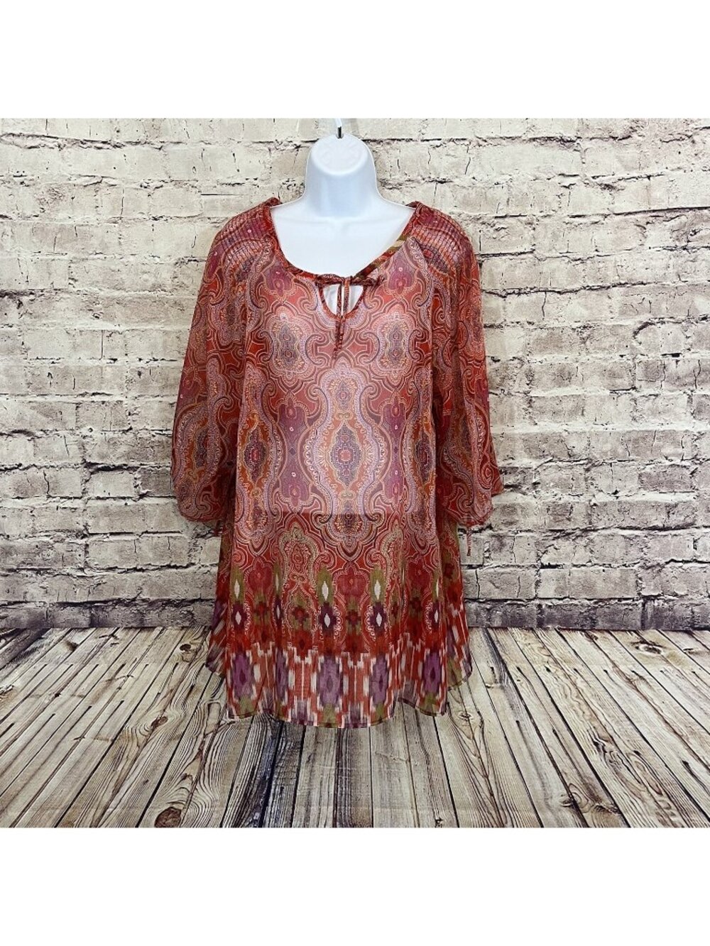 Maggie Barnes Orange Print Sheer Tie Neck 3/4 Sleeve Top